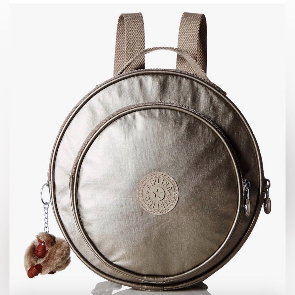 •KIPLINGS•NWT “RANI” METALLIC PEWTER ROUND CIRCULAR BOOKBAG - Picture 2 of 15